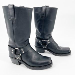 Frye Black Leather Harness 12R Tall Square Toe Biker Boot Women's size 6.5